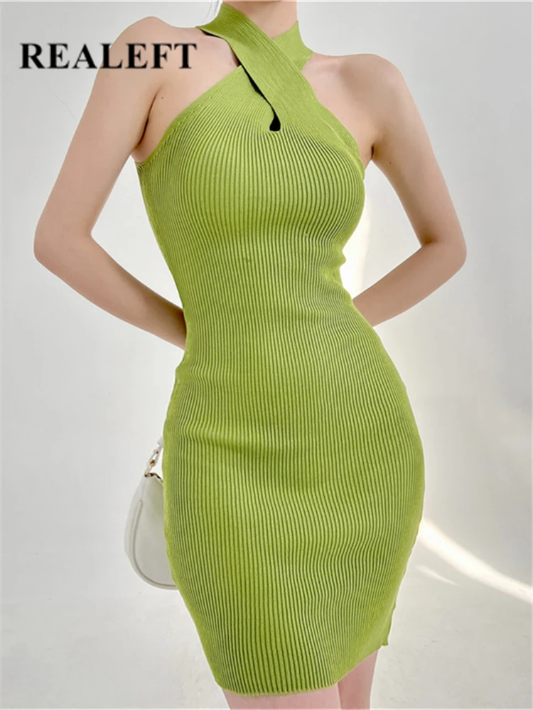 REALEFT Летни Зелени плетени дамски рокли с мирис на 2023 Нови рокли-калъфи без ръкави, с висока талия молив Секси мини рокля на бретелях Женски0