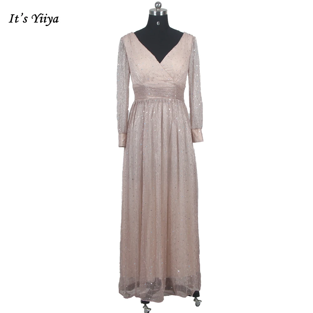 Вечерни рокли It ' s Yiiya Тъмно-Розов цвят с V-образно деколте и дълги ръкави, цип отзад, дължина до Щиколоток, Плюс размери, Секси Вечерна рокля B9890