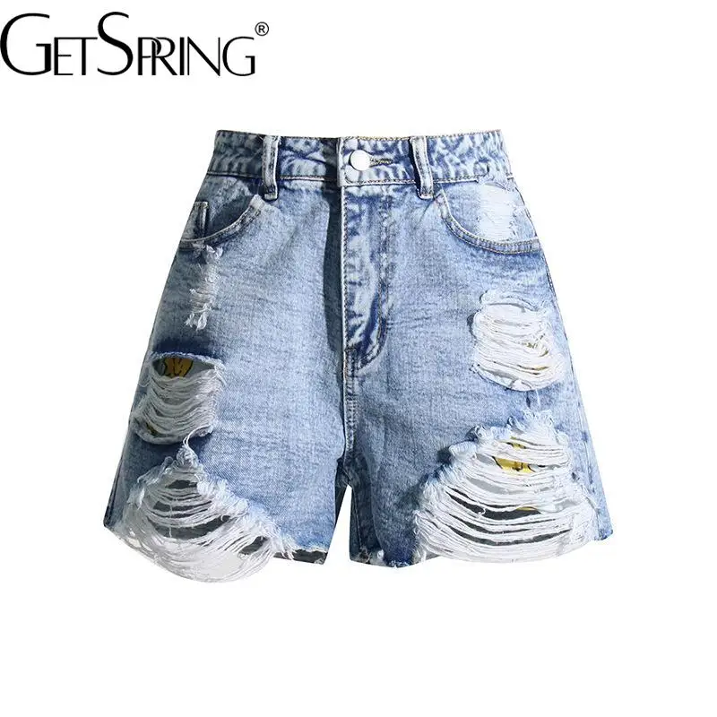 Дамски къси панталони Getspring, Лято 2023, Ново записване, ретро ежедневни универсални скъсани сини дънкови къси панталони с висока талия, широки панталони за жени0