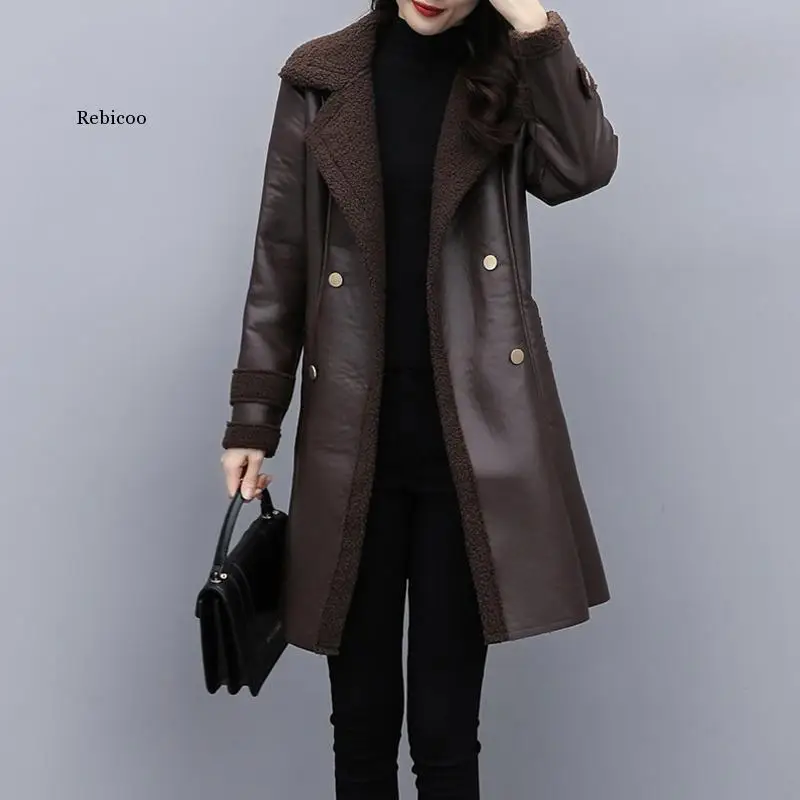 Дамско палто, Модерно есенно-зимно палто от изкуствена кожа със Средна Дължина, Женски кашемировое палто, Приталенные Топли кожени якета за жени0