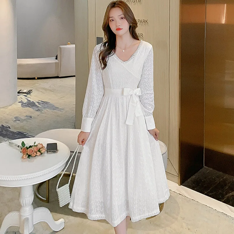 Дантелени рокли на корейската богиня с V-образно деколте, midi, бяло празнична рокля с бродерия, изящен лък, Елегантна вечерна рокля0
