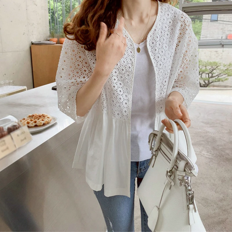 Елегантна елегантна лятна блуза-риза с бродерия във френски стил, прозрачна секси блуза, празнични дамски ежедневни блузи, Новост 20230