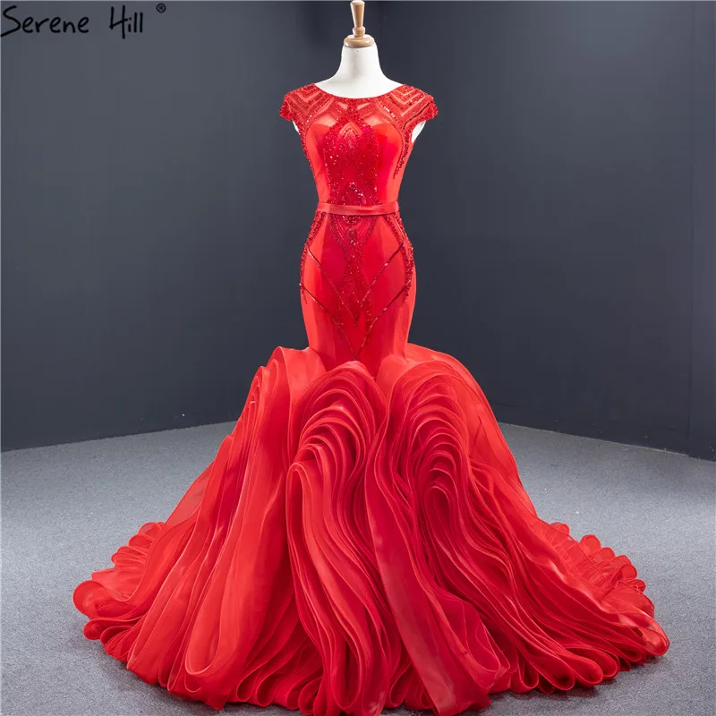 Секси Сватбени рокли с кръгло деколте в стил на червения Русалка 2023, Сватбени рокли без ръкави, бродирани с мъниста и пайети, Serene Hill HM669260