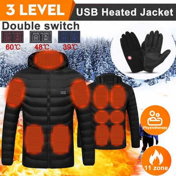 11 Области, мъжки зимни топло яке с USB-топъл, палто с умен термостат, дрехи, с капак и се нагрява, водоустойчива топло яке, жилетка походный