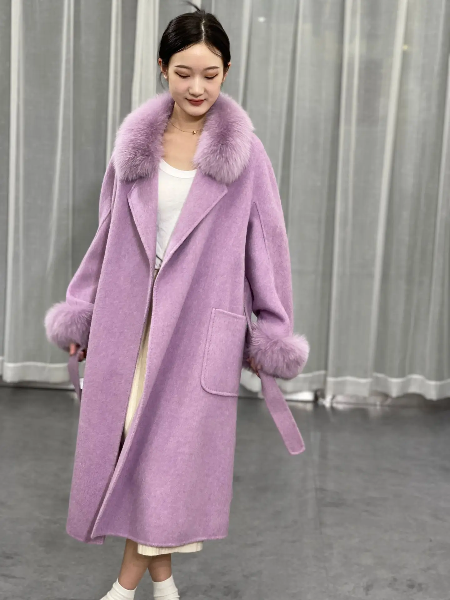 2023 Есен-зима, ново двустранно кашемировое палто, женски яка от лисьего кожа, маншет, подвижен темпераментен дълга утепленная кожа палто,1