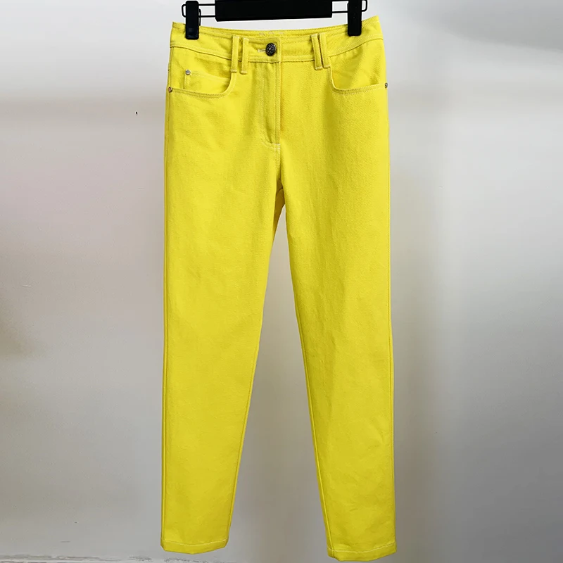 HIGH STREET 2023, най-новите модни, стилни дизайнерски дънки, дамски топ с контрастиращи шевове, дънки, молив и Жълт цвят1