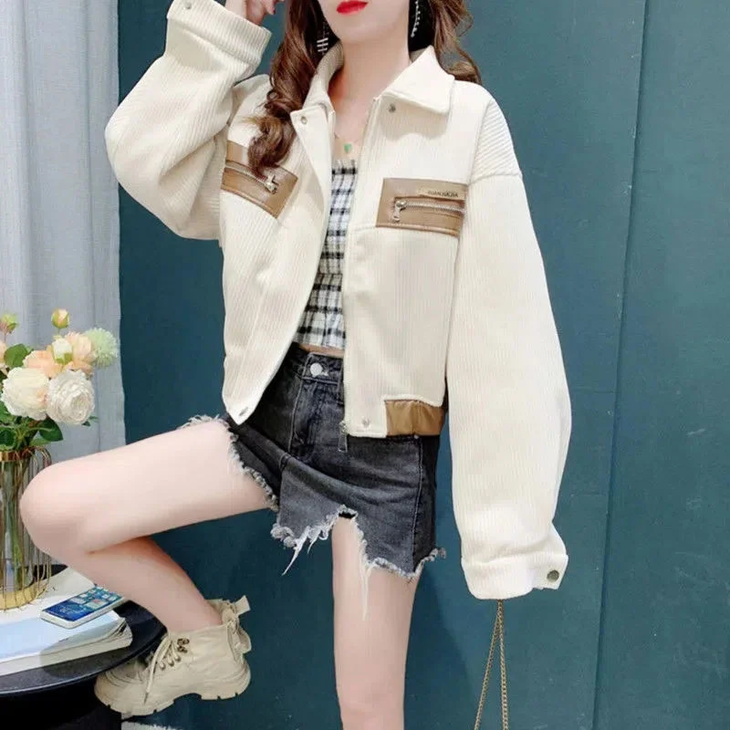 Вельветовая на горно облекло, дамско късо палто 2023, есента корейската версия, свободна ежедневни универсална връхни дрехи, жилетка с дълъг ръкав, палта, топ1