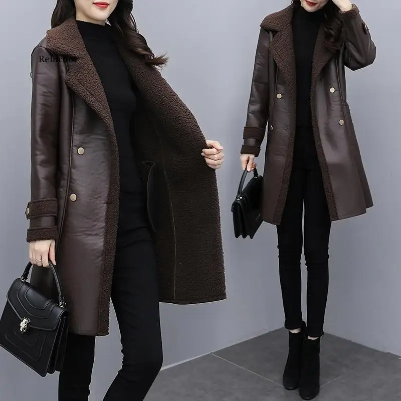 Дамско палто, Модерно есенно-зимно палто от изкуствена кожа със Средна Дължина, Женски кашемировое палто, Приталенные Топли кожени якета за жени1