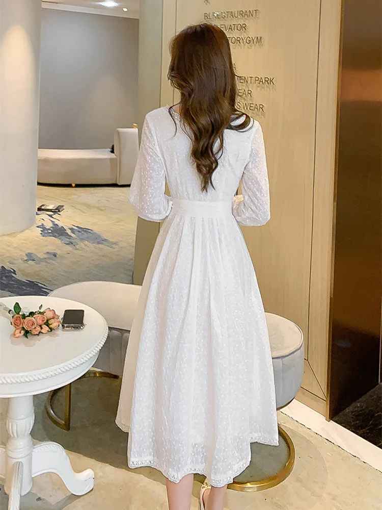 Дантелени рокли на корейската богиня с V-образно деколте, midi, бяло празнична рокля с бродерия, изящен лък, Елегантна вечерна рокля1