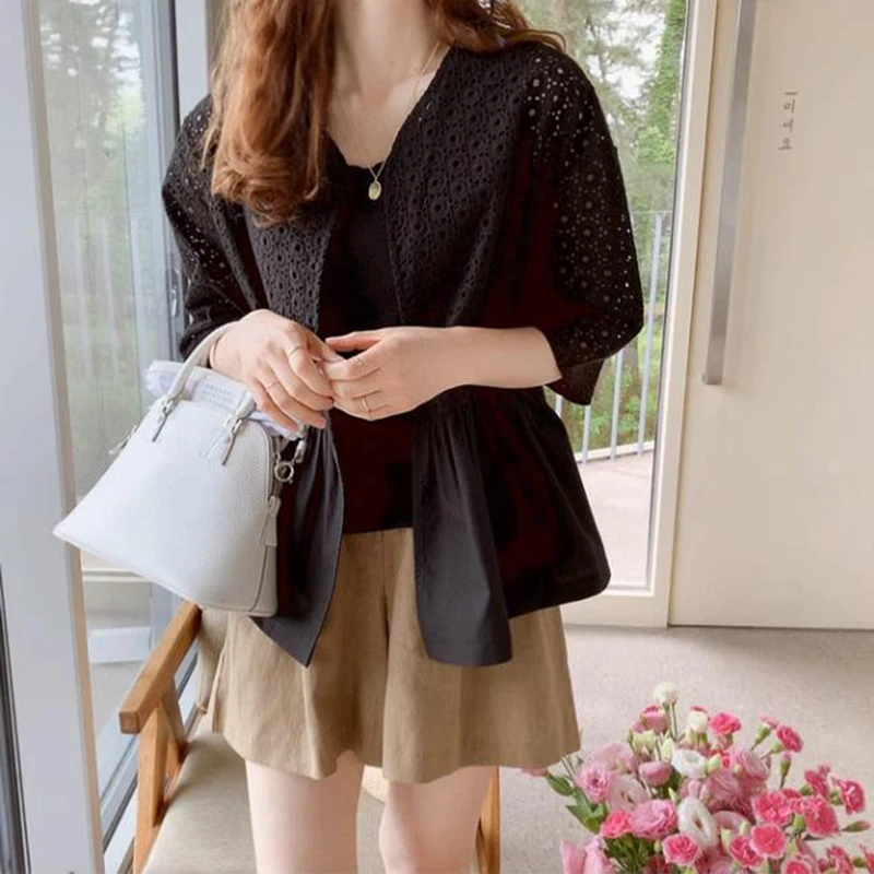 Елегантна елегантна лятна блуза-риза с бродерия във френски стил, прозрачна секси блуза, празнични дамски ежедневни блузи, Новост 20231