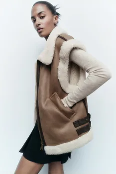 2023 Ново дамско меховое флисовое палто в стил мозайка, жилетка, яке, есен-зима, дамски яке, топ, топла жилетка от тикена, женски жилетка без ръкави