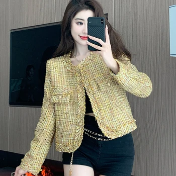 2023 Пролетното модно кратко женски твидовое слой, ежедневното дълго палто с кръгло деколте, стилни яке в елегантния ретро корейски стил, връхни дрехи, блузи