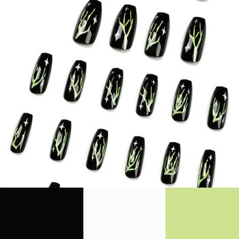 24 бр., режийни нокти върху черна основа, режийни нокти в зелено с цип за жени и момичета, изкуствени нокти, режийни ноктите SAL99