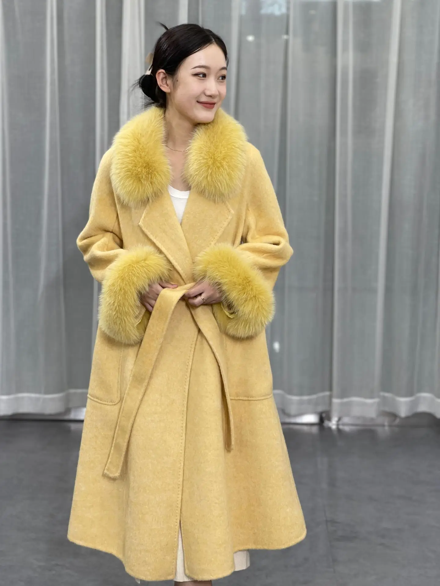 2023 Есен-зима, ново двустранно кашемировое палто, женски яка от лисьего кожа, маншет, подвижен темпераментен дълга утепленная кожа палто,2