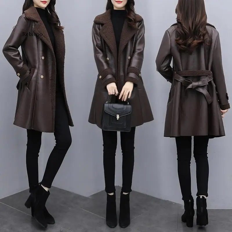 Дамско палто, Модерно есенно-зимно палто от изкуствена кожа със Средна Дължина, Женски кашемировое палто, Приталенные Топли кожени якета за жени2