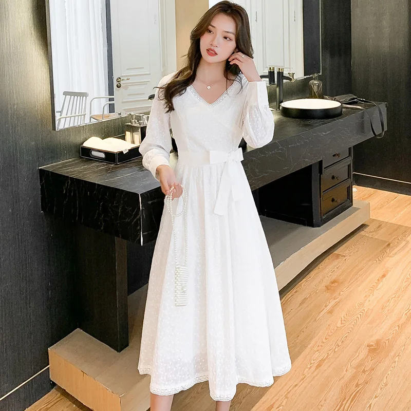 Дантелени рокли на корейската богиня с V-образно деколте, midi, бяло празнична рокля с бродерия, изящен лък, Елегантна вечерна рокля2