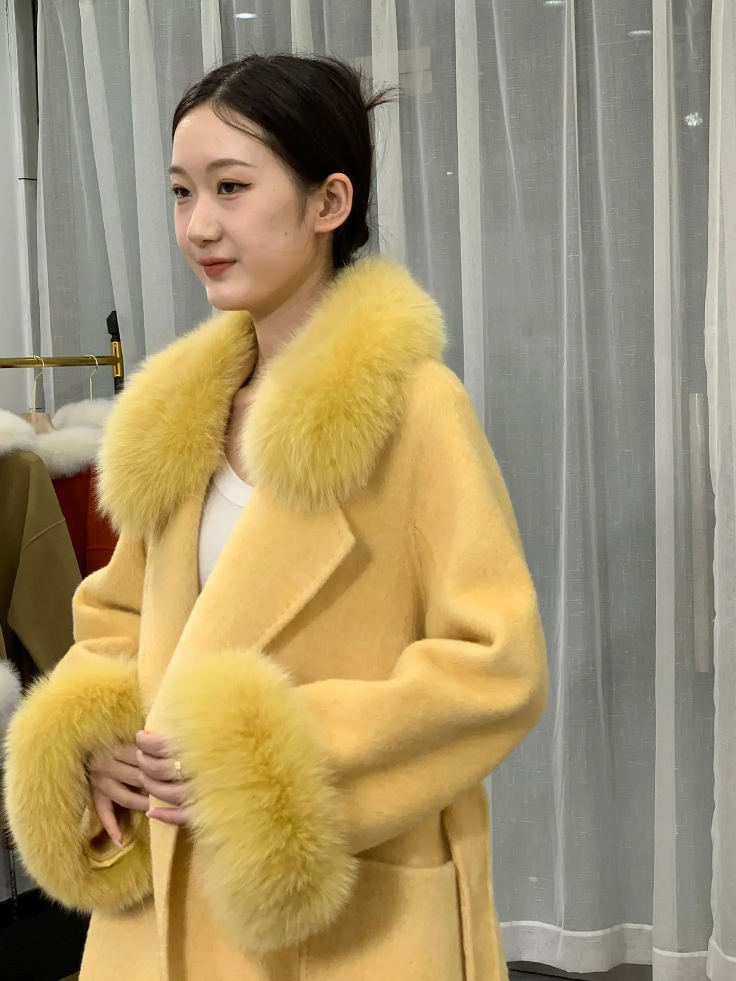 2023 Есен-зима, ново двустранно кашемировое палто, женски яка от лисьего кожа, маншет, подвижен темпераментен дълга утепленная кожа палто,3