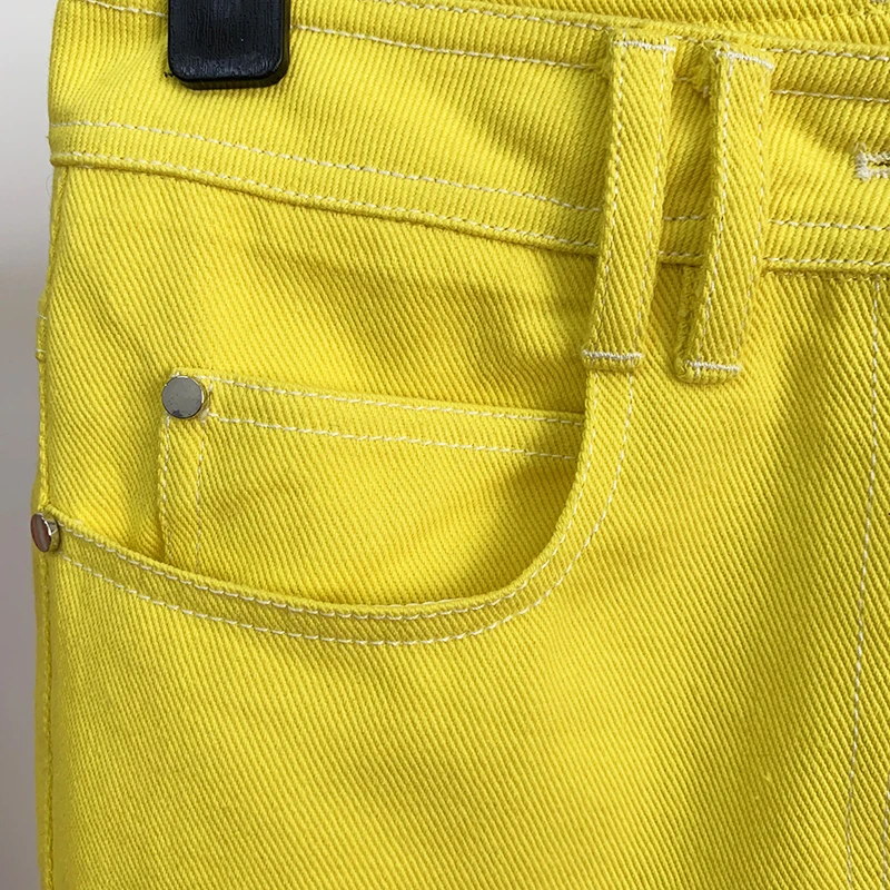 HIGH STREET 2023, най-новите модни, стилни дизайнерски дънки, дамски топ с контрастиращи шевове, дънки, молив и Жълт цвят3