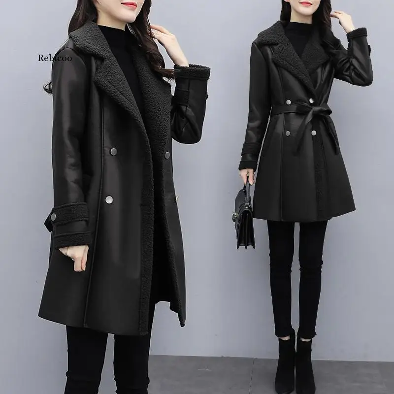 Дамско палто, Модерно есенно-зимно палто от изкуствена кожа със Средна Дължина, Женски кашемировое палто, Приталенные Топли кожени якета за жени3