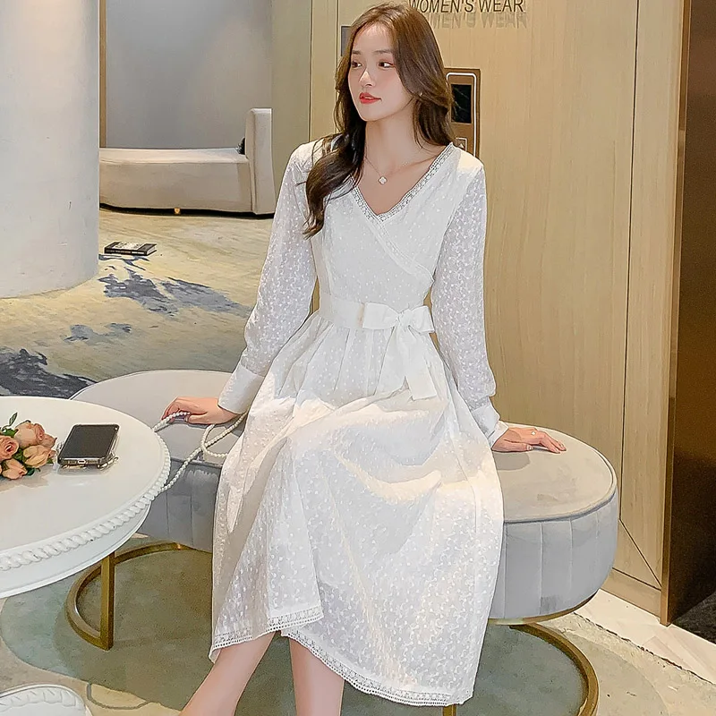 Дантелени рокли на корейската богиня с V-образно деколте, midi, бяло празнична рокля с бродерия, изящен лък, Елегантна вечерна рокля3