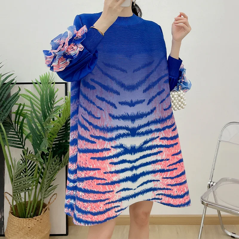 Плиссированное градиентное рокля Amoi, рокля с цветен модел в стил на тежката промишленост, рокля с дълъг ръкав, леопардовый принт, свободно, за отслабване със средна дължина [Ys381400]]3