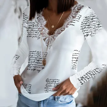 40 # Женски Ризи, Блузи, Дамски 2020, Зимните модни дантелени Блузи с V-образно деколте и писмото принтом с дълъг ръкав, Camisetas Mujer