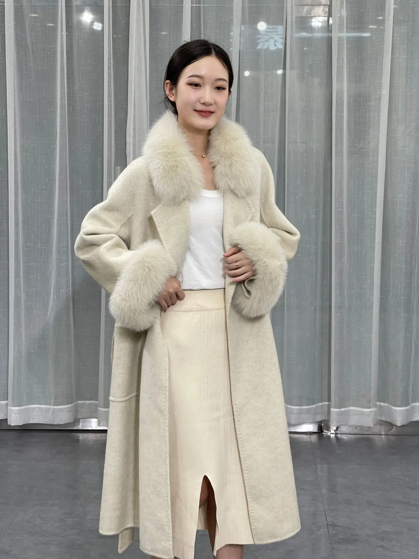 2023 Есен-зима, ново двустранно кашемировое палто, женски яка от лисьего кожа, маншет, подвижен темпераментен дълга утепленная кожа палто,4
