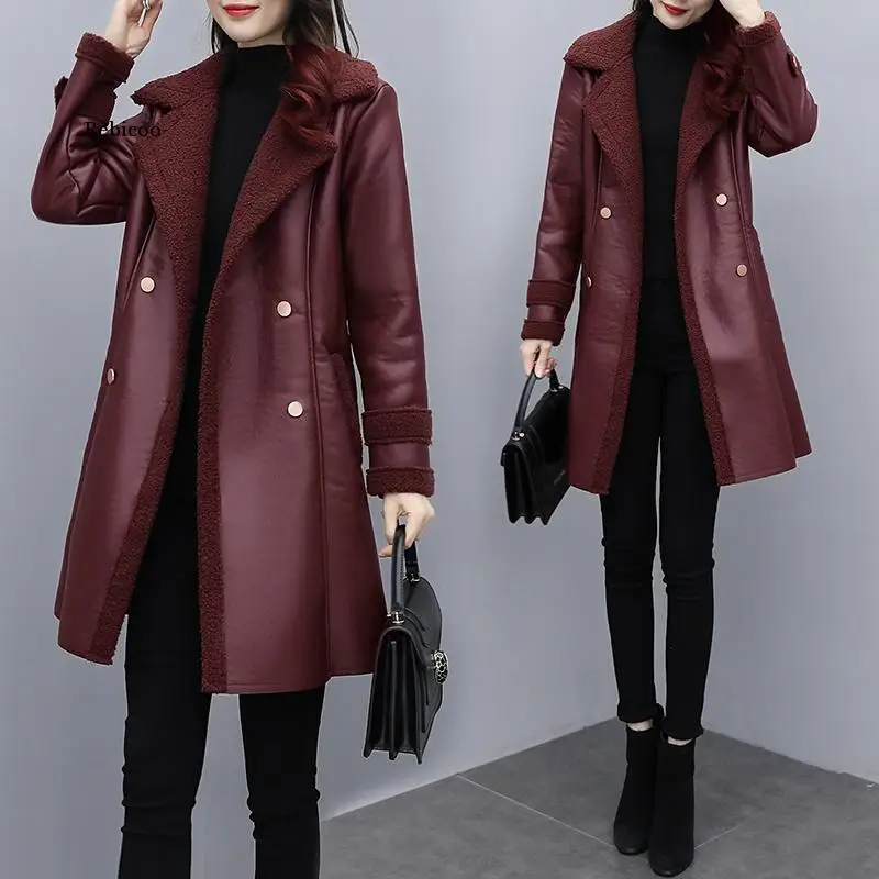 Дамско палто, Модерно есенно-зимно палто от изкуствена кожа със Средна Дължина, Женски кашемировое палто, Приталенные Топли кожени якета за жени4