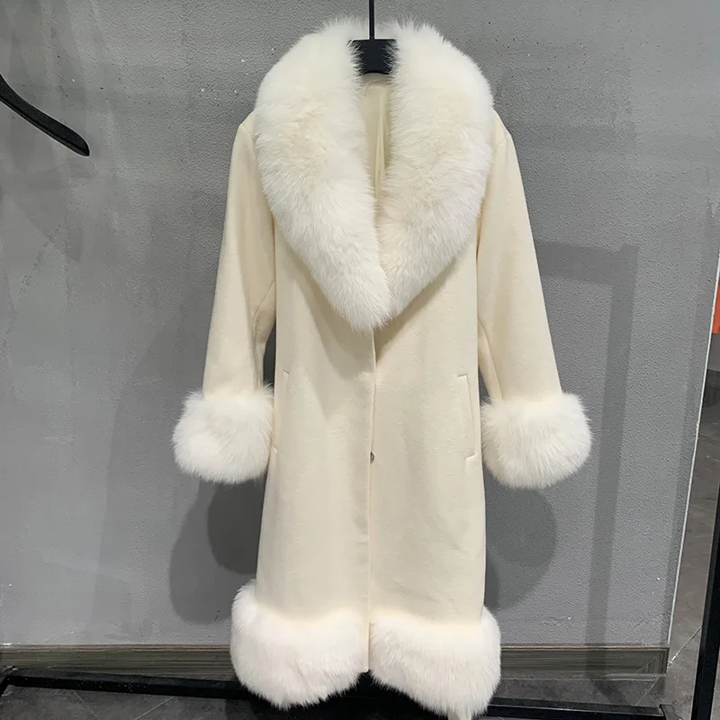 Зимно дамско палто, вълнена 2021 г. с колан, яка от естествен лисьего кожа и тапицерия на белезници, вълнена куртка, женски суконное палто GT37634