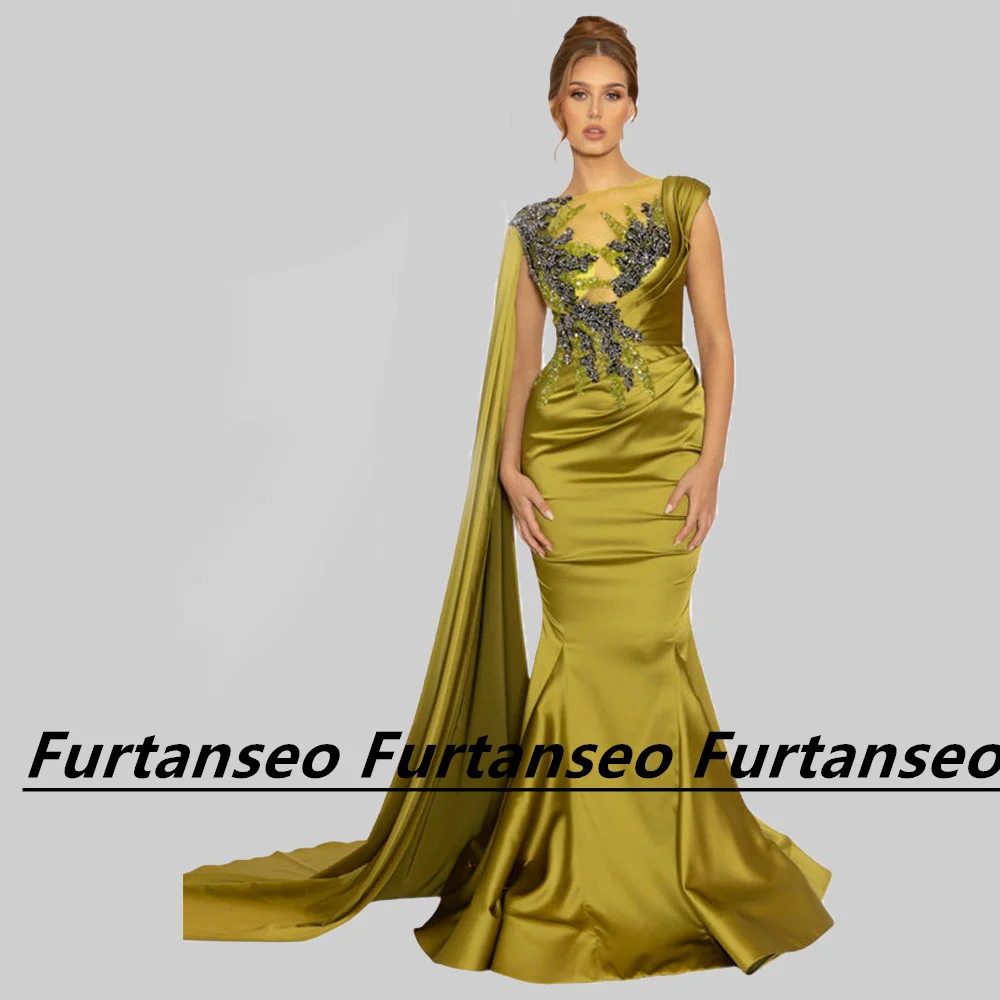 Изискана рокля за абитуриентски бал в стил Русалка с кръгло деколте без ръкав, апликация от мъниста, ръчно изработени, цип отзад с шал, Vestidos Para Mujer Gala4