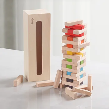 54 Парчета дървени големи пълноцветни дървени строителни блокове, подредени високи дървени блокове за отдих, детски играчки, образователни играчки