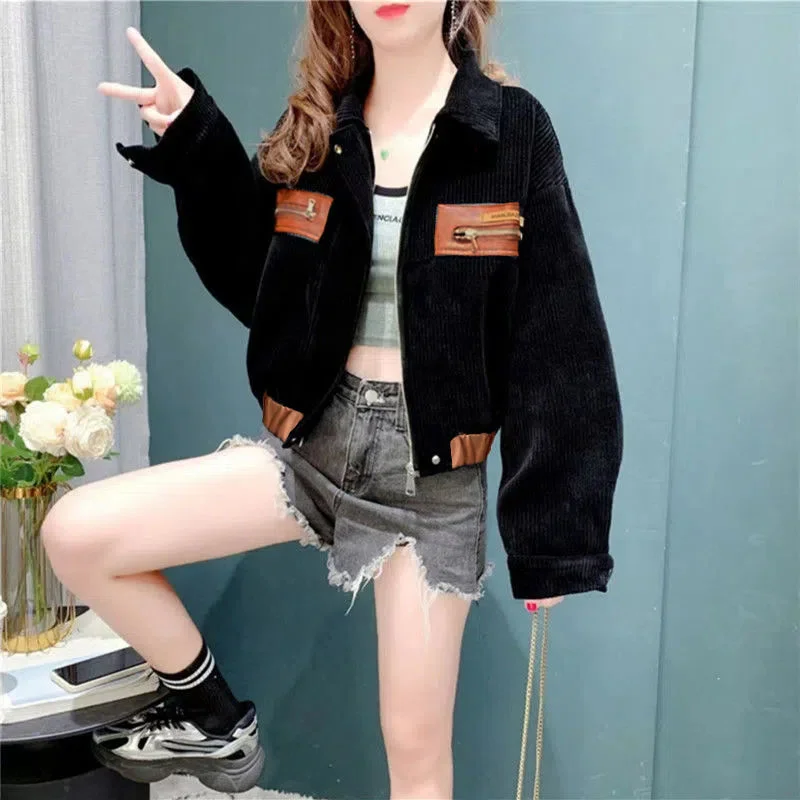 Вельветовая на горно облекло, дамско късо палто 2023, есента корейската версия, свободна ежедневни универсална връхни дрехи, жилетка с дълъг ръкав, палта, топ5