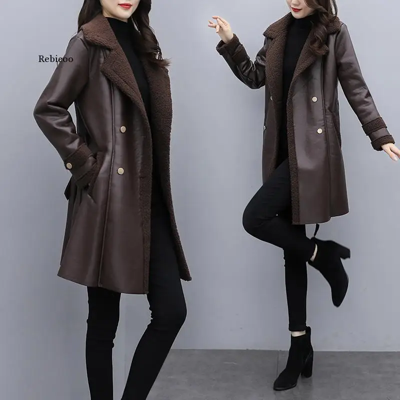 Дамско палто, Модерно есенно-зимно палто от изкуствена кожа със Средна Дължина, Женски кашемировое палто, Приталенные Топли кожени якета за жени5