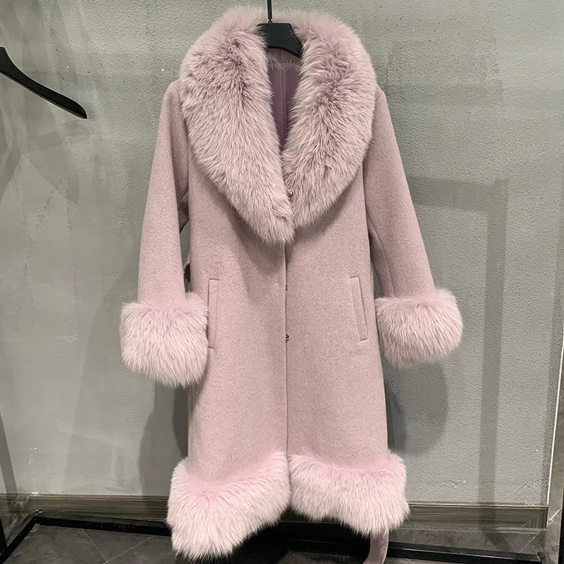Зимно дамско палто, вълнена 2021 г. с колан, яка от естествен лисьего кожа и тапицерия на белезници, вълнена куртка, женски суконное палто GT37635