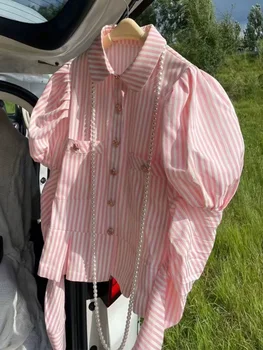 Hikigawa, Шик Модни Дамски Корейски Свободни Ризи С Отложным Яка В Розова Ивица, Дебели Ризи с Копчета, Блузи с Дълги Ръкави, Mujer