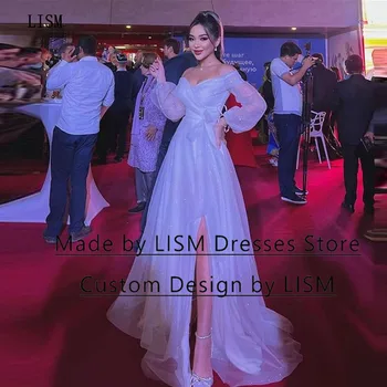 LISM/ Бели вечерни рокли трапецовидна форма с цепка отстрани за официални събития и дълги буйни ръкави с отворени рамене, тюлевое вечерна рокля знаменитост