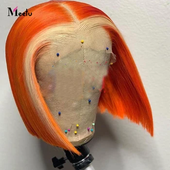 Meetu Кратък перука-боб, от човешки коси, червеникаво-кафяво перука на дантели, прави перуки-боб, перука с подсветка, цветни перуки, изработени от човешка коса за жени