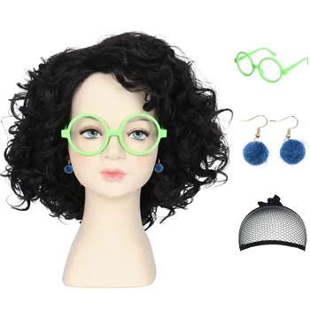 Missuhair, детски костюм, перука за момичета със зелени очила, обеци, кратък черна къдрава перука за cosplay на Хелоуин