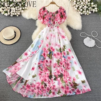 OCEANLOVE, дамски рокли с деколте лодка и цветисти принтом, плажен стил, лятното сладко винтажное премяна трапецовидна форма в корейски стил