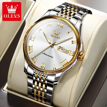 OLEVS 9929, каишка от неръждаема стомана, водоустойчив мъжки ръчни часовници, автоматични механични бизнес изящни часовници за мъже с календар