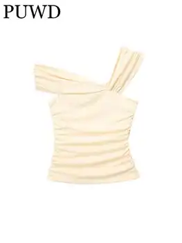 PUWD Дамски Модни бежови Къси Блузи с качулка, Лято 2023, Реколта дамски Блузи без ръкави с асиметрични рамене, Шикозни