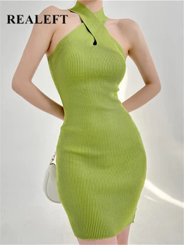 REALEFT Летни Зелени плетени дамски рокли с мирис на 2023 Нови рокли-калъфи без ръкави, с висока талия молив Секси мини рокля на бретелях Женски