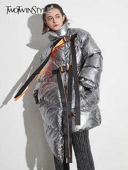 TWOTWINSTYLE, ежедневното зимно палто с шнур в стил мозайка с цветни блокчета, женски паркове с яка-часова, дълги ръкави и външни джобове