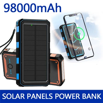 Банка хранене на слънчеви панели Безжична зареждане на мобилен източник на захранване 98000 ма с кемпинговой лампа Зарядно устройство за мобилни телефони USB Портове Батерия