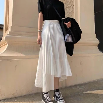 Бяла плиссированная пола с висока талия, дамски корейската мода 2023, асиметрична дълга пола с волани, Нови летни поли Midi трапецовидна форма
