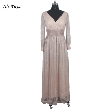 Вечерни рокли It ' s Yiiya Тъмно-Розов цвят с V-образно деколте и дълги ръкави, цип отзад, дължина до Щиколоток, Плюс размери, Секси Вечерна рокля B989