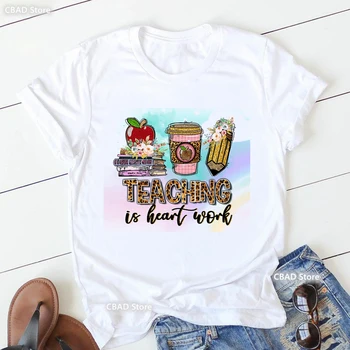 Гореща разпродажба 2023, Забавна тениска, дамска тениска Леопард Teaching Heart Is Word, тениска Femme Teacher Life Flowers, тениска на Apple, Coffee, дамски