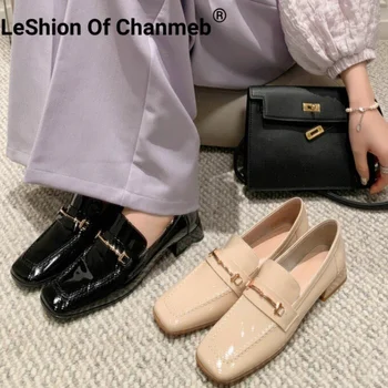 Дамски лоферы LeShion Of Chanmeb, обувки от естествена кожа, слипоны с квадратни пръсти на метална верига, обувки, без токчета, офис рокля, дамски работни лоферы върху плоска подметка