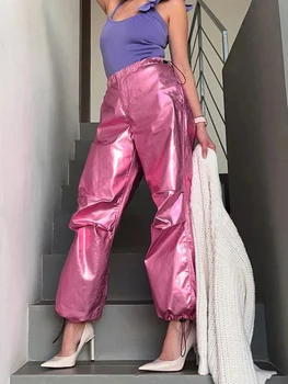 Дамски модерен панталон-карго с парашут, реколта розови панталони за джогинг с завязками, дамски стилни ежедневни клубна облекло цвят металик