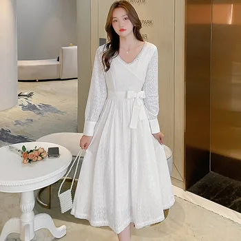 Дантелени рокли на корейската богиня с V-образно деколте, midi, бяло празнична рокля с бродерия, изящен лък, Елегантна вечерна рокля
